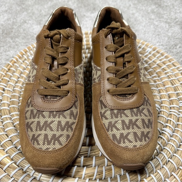 Michael Michael Kors Monique Monogram Trainer Shoes Sneakers Lace-Up in Tan 7 - Picture 3 of 11